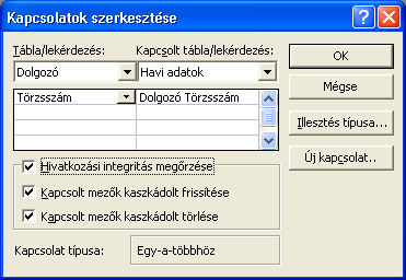 Mikor kapcsolhatunk össze mezıket? Csak azonos típusú mezıket kapcsolhatunk össze. A két táblában a kapcsolatot létesítı mezık neve lehet különbözı, de a típusuk nem!