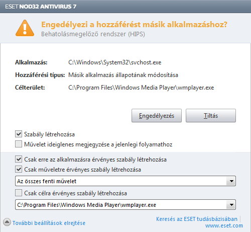 Ha alapértelmezett műveletként a Rákérdezés elemet választja, az ESET NOD32 Antivirus megjelenít egy párbeszédpanelt, valahányszor egy művelet fut.