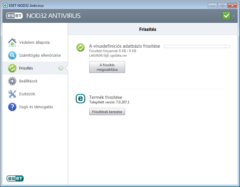 Fontos: Szokások körülmények között, a frissítések megfelelő letöltése esetén a Nem szükséges frissíteni a vírusdefiníciós adatbázis naprakész üzenet jelenik meg a Frissítés ablakban.