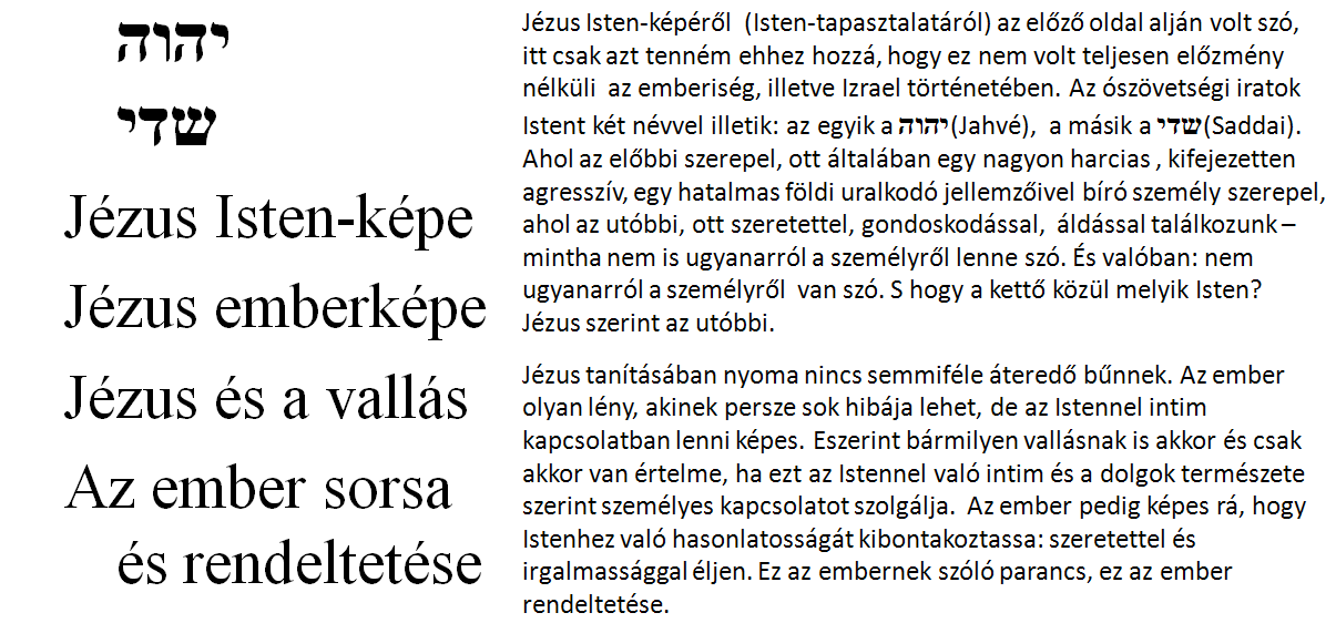 A jézusi világkép lényege Az ószövetségi Isten-képek Jézus Isten-képe Jézus emberképe Jézus és a vallás Az ember sorsa és rendeltetése Jézus Isten-képéről (Isten-tapasztalatáról) az előző oldal alján