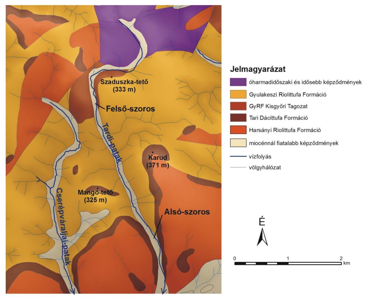 34. ábra. A Tardi-patak esésgörbéje és az összesült ignimbritvonulatok elhelyezkedése 35. ábra. A Tardi-patak Felső- és Alsó-szorosának földtani térképvázlata (Magyarország fedett földtani térképe 1:100 000 alapján, sorozatszerk.