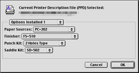 3 A nyomtatóillesztő telepítése 7 Válassza ki a megfelelő PPD fájlt, majd kattintson az [Open] gombra. Megjelenik a beállítóképernyő az opciók hozzáadásához.