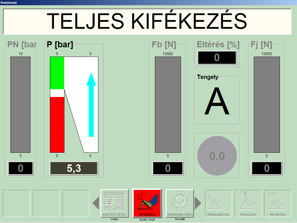 Ábra 9Kifékezés (a max. nyomás megállapításához) Max.nyomás: Csak rugóerő-tárolós rögzítőfék esetén, álló fékpadon megállapítjuk a max. kivezérelt nyomást. Max.nyomás mérés előtt fel kell termelni a levegőt, majd elindítani a mérést.