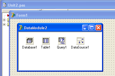 DataModule Adatelérési és BDE komponensek elhelyezése (lehetséges az aktuális formon is), de célszerű azokat az úgynevezett adatmodulon csoportosítani.