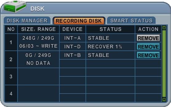 5.2. Tároló lemez Ez egy információs lista a DVR-ben telepített lemezekről, azok kapacitásáról, állapotáról. 1 2 3 4 1.