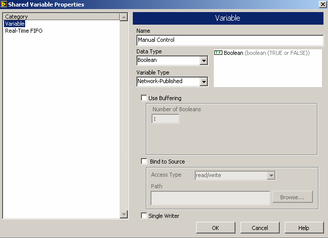 Shared variable Adjunk hozzá a project CompactRIO részéhez három változót a real-time PC-n futó kezelıszervek (Manual/Automatic Control switch, a Manual Control gomb és az Automaic Rate Hz)