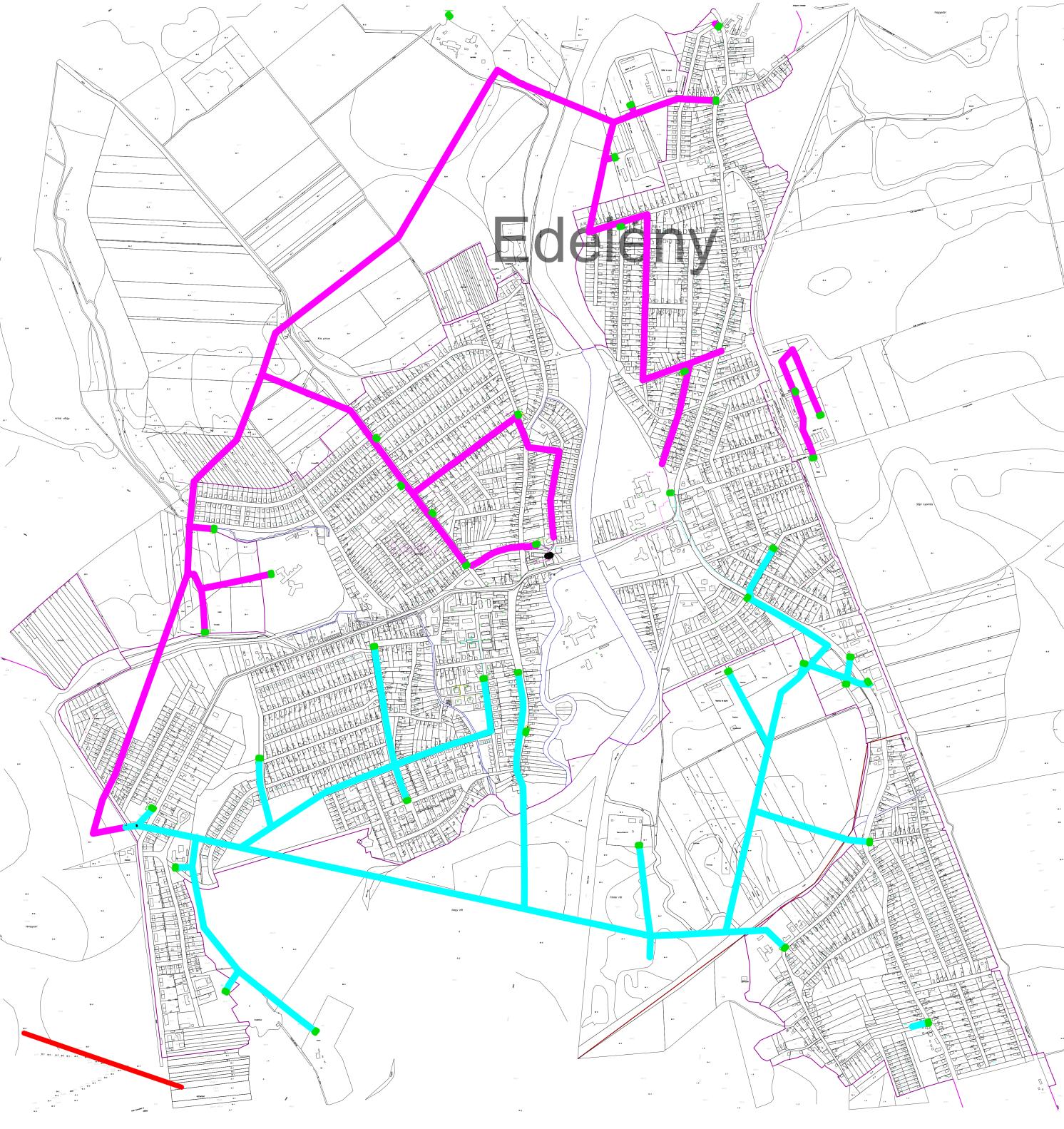 Edelény 48. térkép Köf/ Kif hálózat nyomvonal rajza.