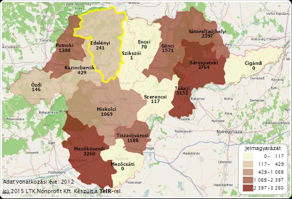 32. térkép: 1000 lakosra jutó vendégéjszakák száma kereskedelmi szálláshelyeken (db), 2012 Forrás: KSH, TEIR A vendégszám mellett az átlagos tartózkodási idő utal Edelény turisztikai