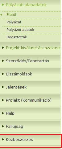 Ezek utána közbeszerzés modult a Pályázó tájékoztató bal oldali menüjének