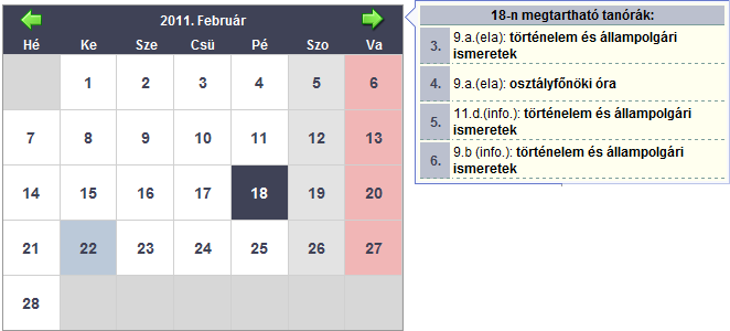 Aktuális nap kijelölése a naptárban Általános használati tanácsok A bejelentkezést követően ki kell választani azt a napot, amelyet adminisztrálni akarunk!