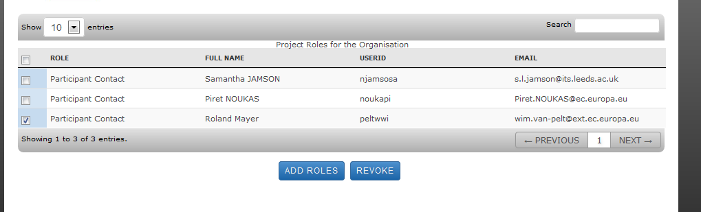 My Projects Consortium page Edit roles jogosultság módosítása: E-mail