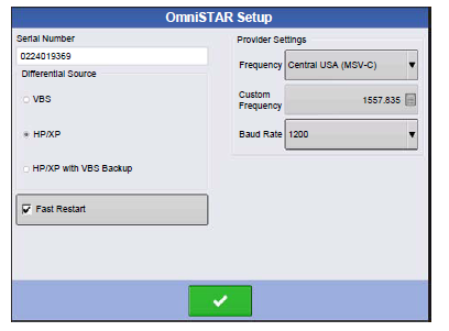 OMNISTAR BEÁLLÍTÁSOK Nyomja meg: Főoldal gomb > GPS gomb > Vevőkészülék Beállítás (csavarkulcs) gomb > OmniSTAR (Differenciál jelforrás legördülő menü) > Beállítás (csavarkulcs) gomb Megjegyzés: Ha