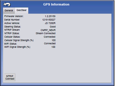 GPS ADATOK- NTRIP Nyomja meg: GPS (műhold) gomb > GeoSteer vagy ParaDyme fül NTRIP csatlakoztatás A kijelzőt az NTRIP korrekciós forráshoz csatlakoztatja. NTRIP Stream Hálózat mount pontja.