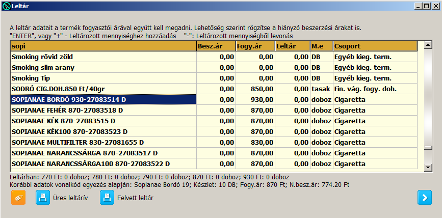 2. Segédprogramok, Leltár, Leltár javítása menüpont - itt mégegyszer átnézheti a rögzített mennyiségeket.