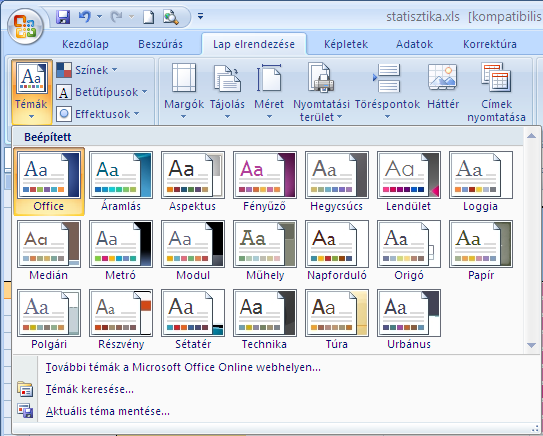 42 AZ EXCEL ÚJ MEGOLDÁSAI A Lap elrendezése szalag A Témák gombbal előre összeállított stílusgyűjteményeket érvényesíthetünk.