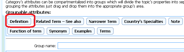S80A01 Groupable attributes area Here there are the attributes which were not classified in any group yet. Drag the attribute in the Grouped attributes area to classified in a group.