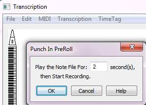 A Transcrption menü Punch In PreRoll dialógusablakában változtathatjuk meg az alapértelmezettként beállított 2 másodperces időtartamot egy számunkra megfelelőbbre.