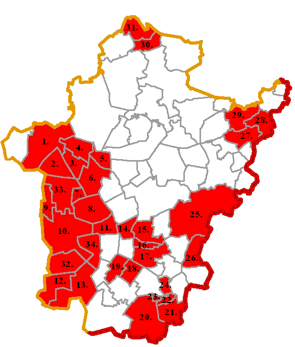 b) Arzénnal szennyezett ivóvíz (7. ábra). 1. Szarvas 2. Csabacsűd 3. Kardos 4. Örménykút 5. Hunya 6. Kondoros 7. Orosháza 8. Csorvás 9. Gádoros 10. Orosháza 11. Gerendás 12. Békéssámson 13.