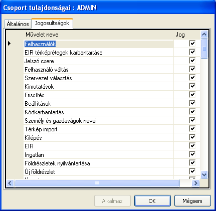 A csoportokhoz programkezelési jogok tartoznak. A jogok az EIR alkalmazások indítást engedélyezik, vagy tiltják. 4.