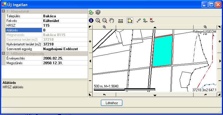 Amennyiben a földrészlethez nem szükséges a térképi ábrázolás, vagy késıbb kívánjuk létrehozni, a bal oldali adatokat kell csak feltölteni.