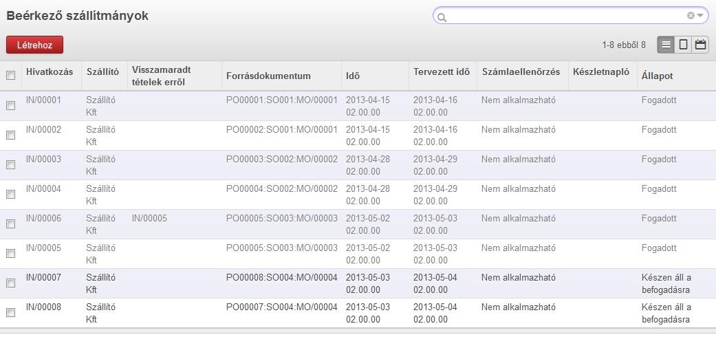 Részleges teljesítés I 43 Elérés: Raktárépület > Beérkező szállítmányok Egy rendeléshez kapcsolódó beszerzések, melyek készletre vételre várnak