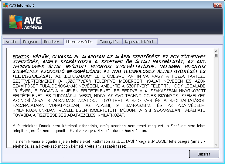 A Licencszerződés lapon megtekinthető az Ön és az AVG