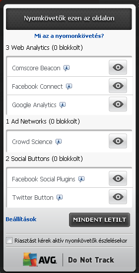 9.1. AVG Do Not Track felülete Az internet használata közben az AVG Do Not Track követéstiltás figyelmezteti, amint bármilyen adatgyűjtési tevékenységet észlel.