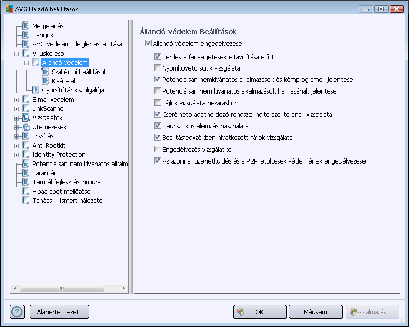 10.4.1. Állandó védelem Az Állandó védelem összetevő a fájlok és mappák vírusokkal, kémprogramokkal és káros programokkal szembeni folyamatos védelmét biztosítja.