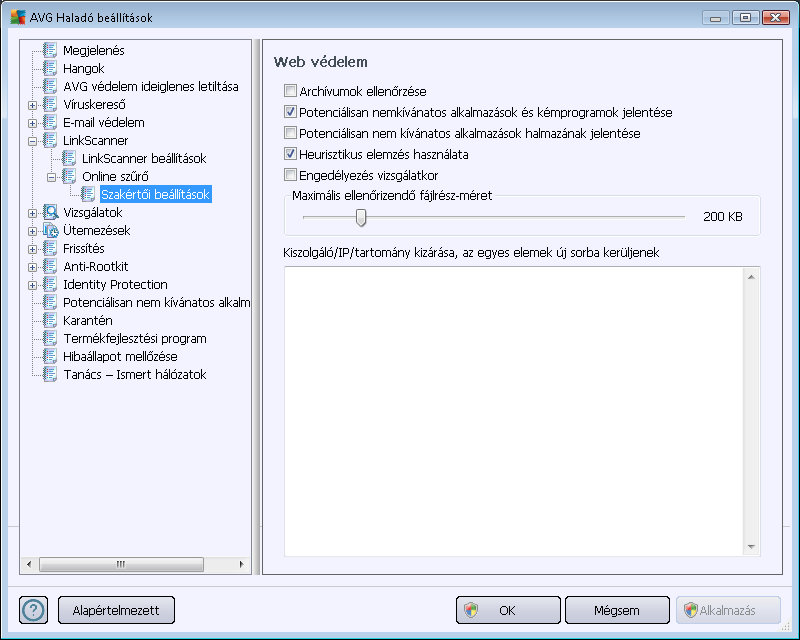 A Web védelem ablakban szerkesztheti az összetevő beállításait a honlapok tartalmi vizsgálatának szempontjából.
