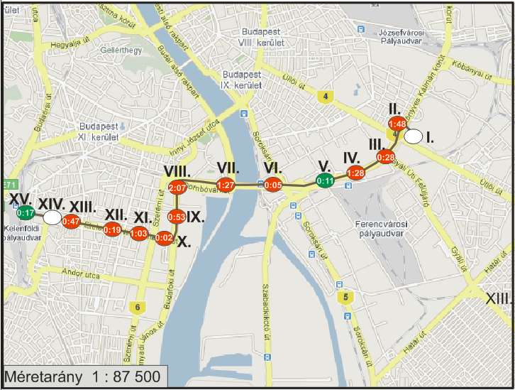 megadottnak. 23. ábra. A 103-as busz megállói és a hivatalos menetidő A legnagyobb késés reggel 1 perc 27 másodperc.