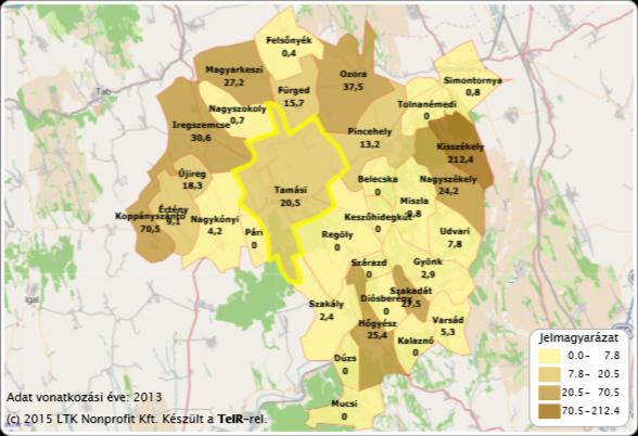 109 1.13.-2. ábra: Egy főre jutó zöldfelületek aránya Tamásiban és térségében Forrás: TeIR, 2015. 1.13.-3.