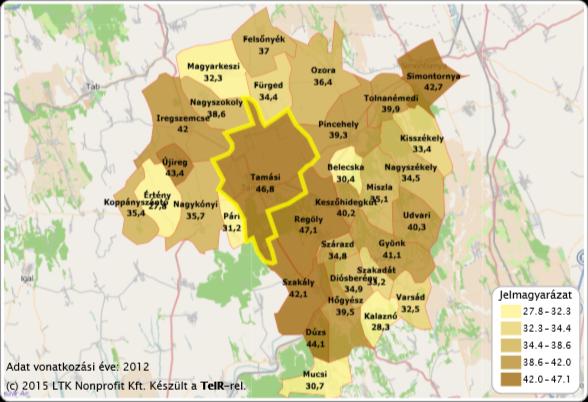 55 1.7-15. ábra: Száz lakosra jutó adófizetők száma, 2007-2012, fő Forrás: Lechner Nonprofit Kft. A mutatót járási szinten megvizsgálva e tekintetben is mozaikos kép rajzolódik ki.