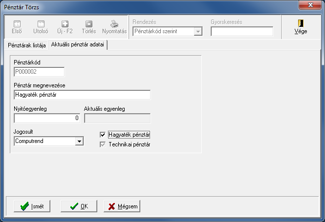 4.1.2 Letéti pénztár törzs Itt kell felvinni a letéti pénztárat (pénztárakat) (9. ábra Letéti pénztár törzs). 9.