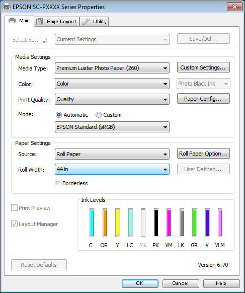 D E F Kattintson az OK gombra. Egy alkalmazással való nyomtatáskor a Layout Manager (Elrendezés menedzser) képernyő megjelenik.