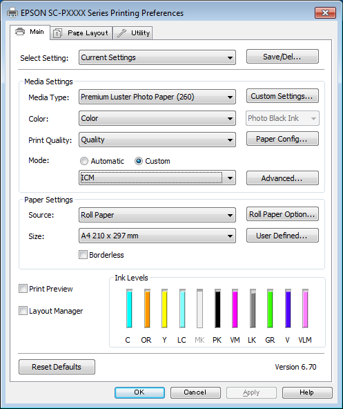 Nyomtatás színkezeléssel A A nyomtató-illesztőprogram Main (Fő) képernyőjén válassza a Custom (Egyéni) lehetőséget a Mode (Üzemmód) beállításhoz, válassza az ICM opciót, majd kattintson az Advanced