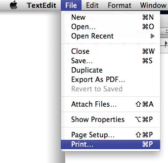 A beállítások elvégzése Mac OS X rendszeren Ha rendelkezésére áll a nyomtatandó adat, A akkor az alkalmazás File (Fájl) menüjében kattintson a Print (Nyomtatás) lehetőségre.