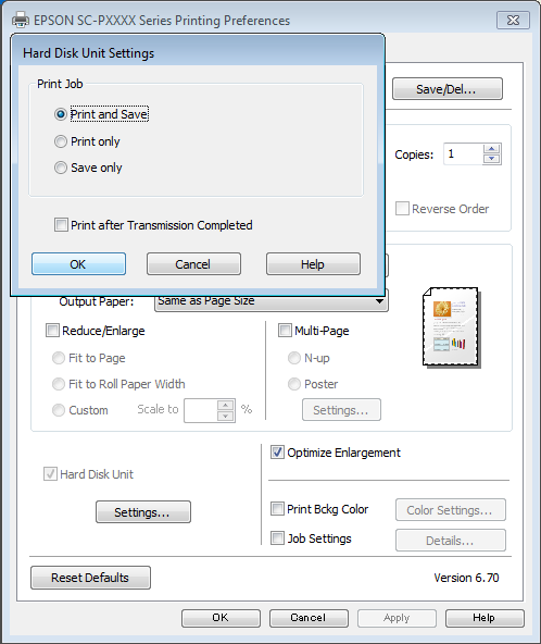 Az opcionális merevlemez használata C A Page Layout (Elrendezés) képernyőn kattintson a Settings (Beállítások) gombra a Hard Disk Unit (Merevlemezes egység) menüben, majd válassza a Print Job