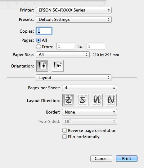 oldal A beállítások elvégzése Mac OS X rendszeren Ha a Nyomtatás képernyő van megjelenítve, A akkor válassza a Layout (Elrendezés) lehetőséget a listából, majd adja meg az egy lapra nyomtatni kívánt