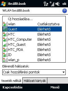 Vezeték nélküli hálózatok konfigurálása képernyő. A Kezdőképernyőn csúsztassa az ujját a Beállítások fülre, majd érintse meg a Egyéb lehetőséget.