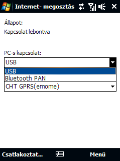 A készülék beállítása USB-s modemként 1. A készülékén érintse meg a Start > Programs (Programok) > Internet-megosztás elemet. 2. A PC-s kapcsolat listán válassza az USB lehetőséget. 3.