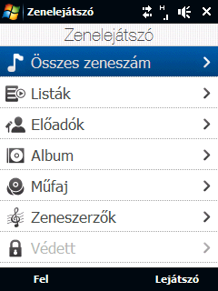 260 Multimédiás szolgáltatások Hangkezelő: Főképernyő Hangkezelő: Előadók képernyő A digitális jogkezelési (DRM) védelem alatt álló zenefájlok a Védett kategória alatt jelennek meg.