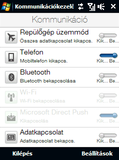 276 Programok Érintse meg a Start > Settings (Beállítások) > Kapcsolatok fülön a > Kommunikációkezelő lehetőséget. 1 2 3 4 5 6 1 Kattintson ide a Repülés mód be- vagy kikapcsolásához.