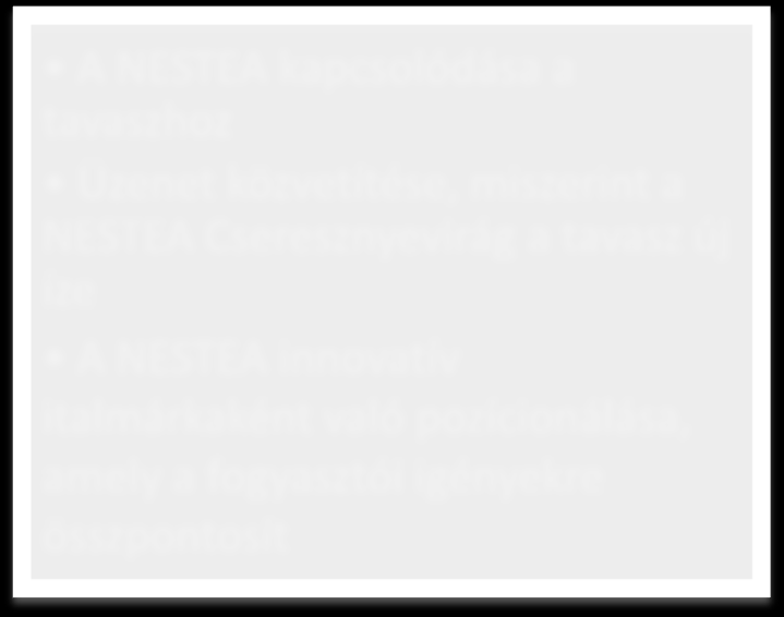 Célok Üzleti célok A NESTEA márka fogyasztói bázisának kibővítése A téli és a nyári időszak közötti rés bezárása, ezáltal egy újabb sikeres időszak létrehozása a NESTEA számára A NESTEA tavaszi