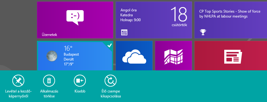 Ha balról pöccintünk, akkor a futó modern UI (Metro) alkalmazások bélyeg képei jelennek meg. Koppintással válthatunk át a kívánt alkalmazásra. Pöccintéssel kijelölni is tudunk.