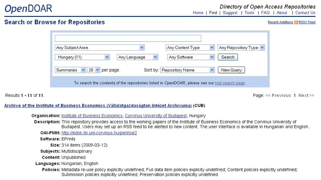 OpenDoar The Directory of Open Access Repositories 82 Az OpenDoar egy olyan annotolált kereső, amely az egyes repozitóriumok több szempontú (téma, ország stb.