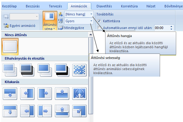 Animáció alkalmazása Az animáció speciális kép- vagy hanghatás hozzáadása a diához.