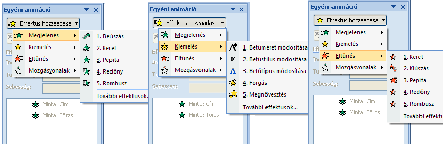 Egyszerő animáció esetén a kiválasztott diához az Animációk lapon választhatjuk ki az áttőnési sémákat, mindegyik diára ugyanazt, vagy más-mást, valamint beállíthatjuk az