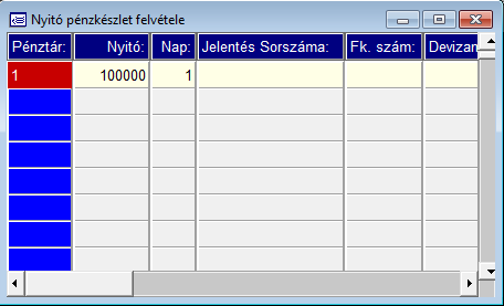 2.2. Nyitó pénzkészlet felvétele (I) A lista az alábbi adatokat tartalmazza: a használható pénztárak nyitó pénzkészlete, a számviteli politikában meghatározott