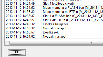 A státusz adat színezése is segíti az eredmények elemzését: M=Mass memória, S1=Slot1, S2=Slot2. Ha bármelyik színe fehér, az azt jelenti, hogy az adott tétel nem lett kijelölve letöltésre.