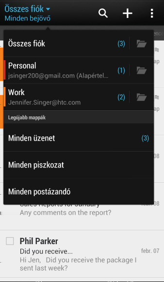 129 E-mail Levelezés Levelek megtekintése A Levelezés alkalmazásban elolvashatja, elküldheti és rendszerezheti a HTC Desire 500 készüléken beállított e-mail fiókokban található e-maileket. 1.